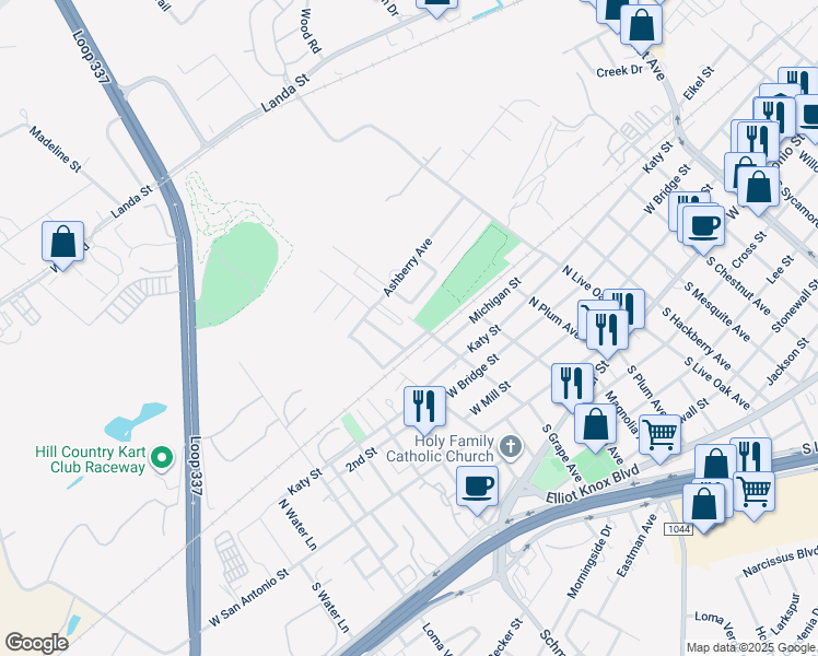 map of restaurants, bars, coffee shops, grocery stores, and more near 637 North Grape Avenue in New Braunfels