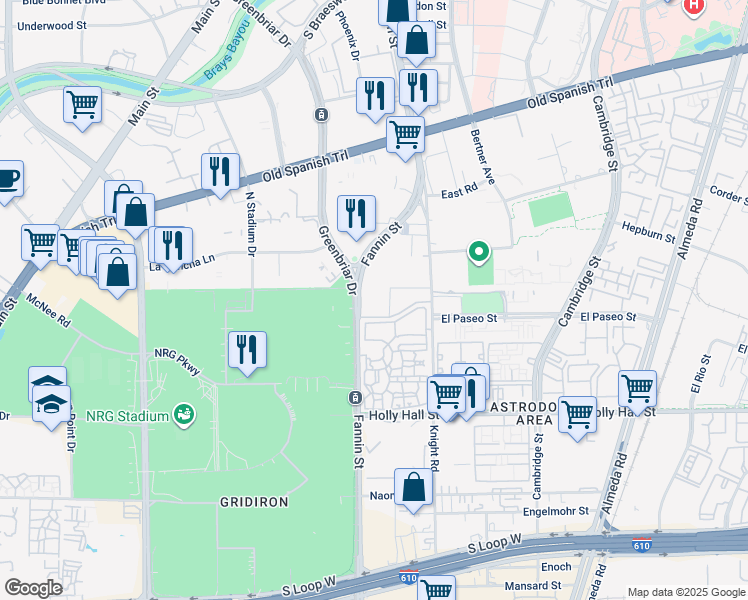 map of restaurants, bars, coffee shops, grocery stores, and more near 7979 Fannin Street in Houston