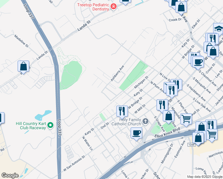 map of restaurants, bars, coffee shops, grocery stores, and more near 632 Sweet Pea Lane in New Braunfels