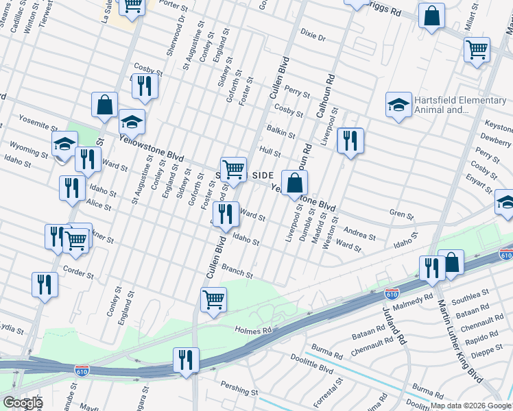 map of restaurants, bars, coffee shops, grocery stores, and more near 6732 New York St in Houston
