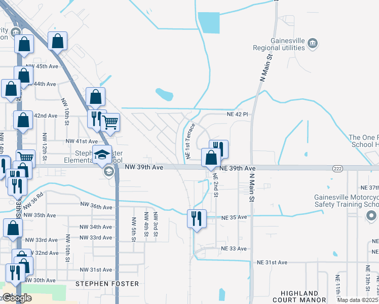 map of restaurants, bars, coffee shops, grocery stores, and more near 3933 Northeast 1st Terrace in Gainesville