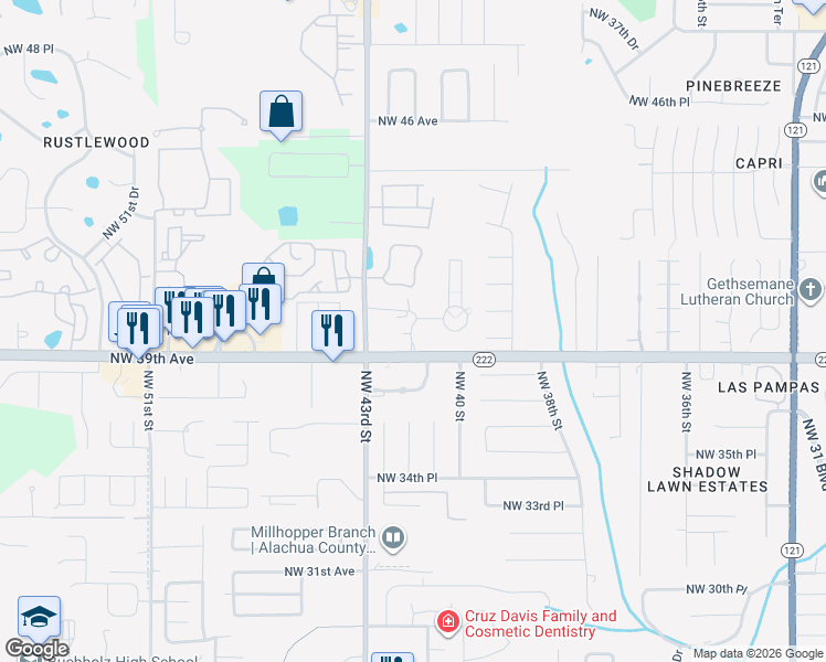 map of restaurants, bars, coffee shops, grocery stores, and more near 4103 Northwest 39th Avenue in Gainesville