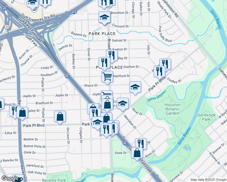map of restaurants, bars, coffee shops, grocery stores, and more near 3621 Broadway Street in Houston
