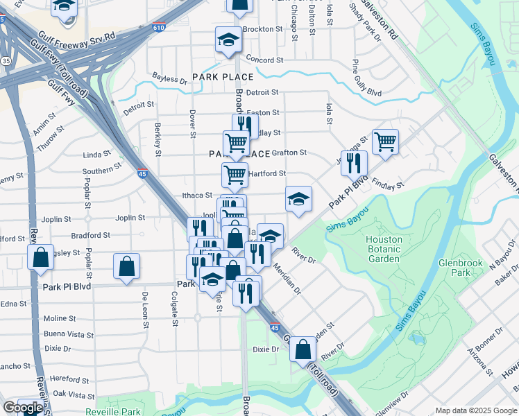 map of restaurants, bars, coffee shops, grocery stores, and more near 3621 Broadway Street in Houston
