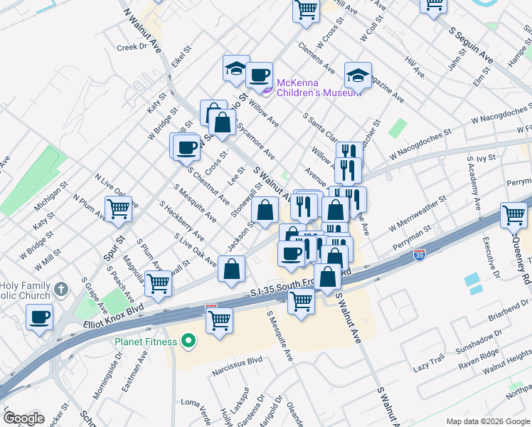 map of restaurants, bars, coffee shops, grocery stores, and more near 1206 West Coll Street in New Braunfels