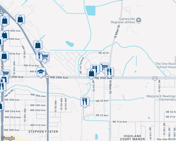 map of restaurants, bars, coffee shops, grocery stores, and more near 103 Northeast 40th Place in Gainesville