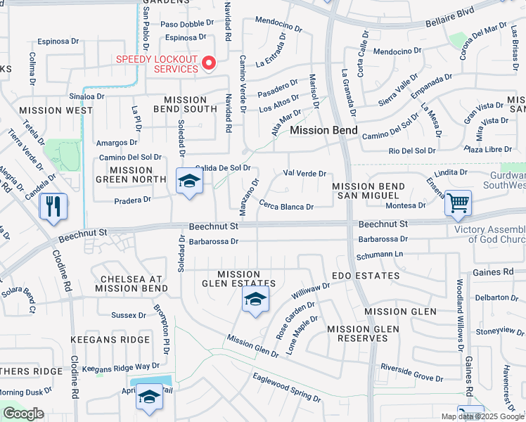 map of restaurants, bars, coffee shops, grocery stores, and more near 8023 Tamayo Drive in Houston