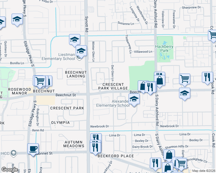 map of restaurants, bars, coffee shops, grocery stores, and more near 8146 Barnes Ridge Lane in Houston