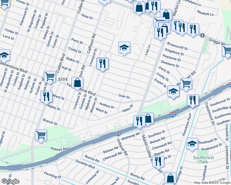 map of restaurants, bars, coffee shops, grocery stores, and more near 5011 Gren Street in Houston