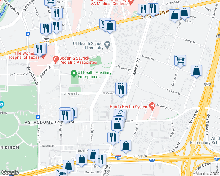 map of restaurants, bars, coffee shops, grocery stores, and more near 2121 El Paseo Street in Houston