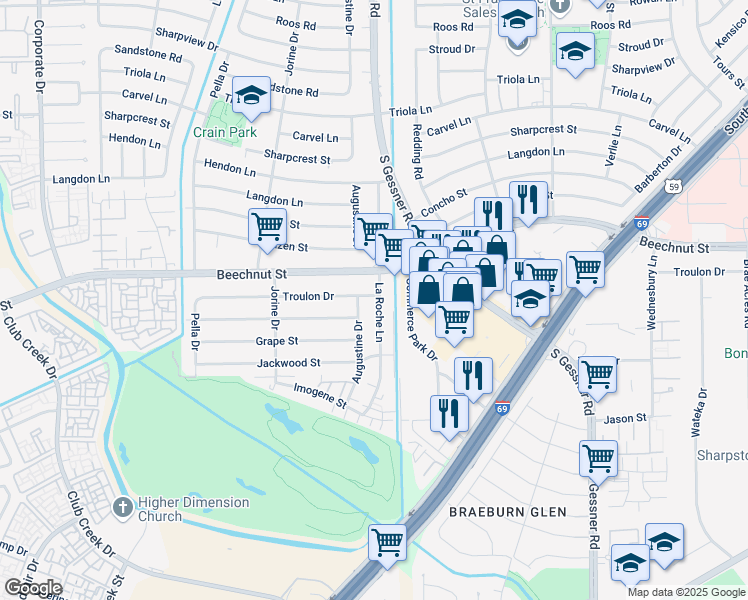 map of restaurants, bars, coffee shops, grocery stores, and more near 8102 La Roche Lane in Houston