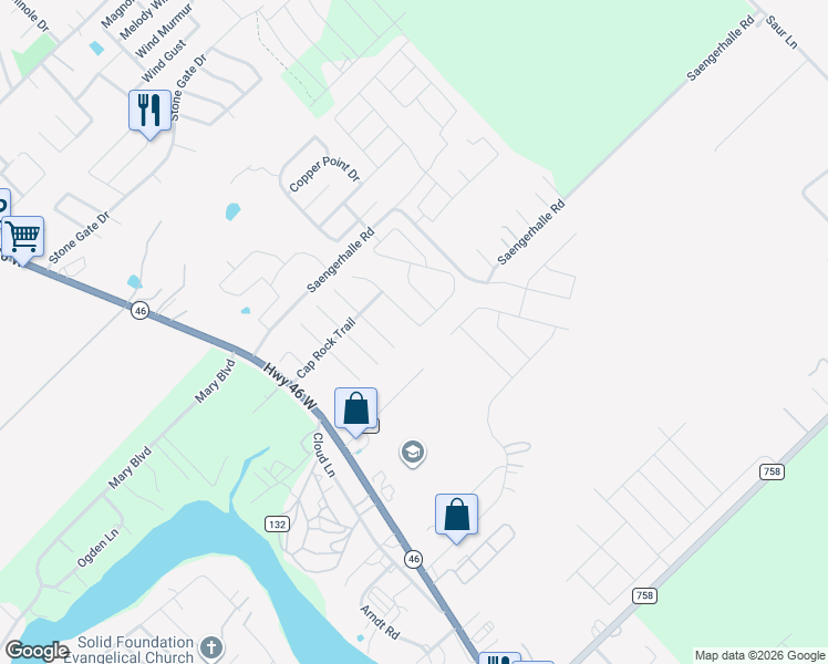 map of restaurants, bars, coffee shops, grocery stores, and more near 1488 Jordan Crossing in New Braunfels