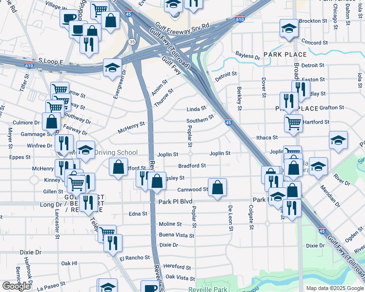 map of restaurants, bars, coffee shops, grocery stores, and more near 7674 Greenstone Street in Houston