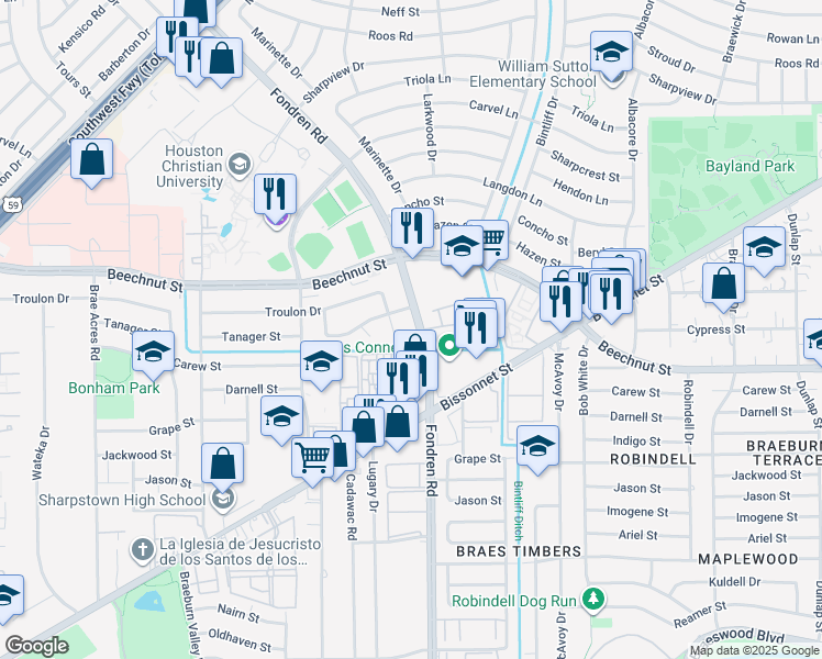 map of restaurants, bars, coffee shops, grocery stores, and more near 8228 Fondren Road in Houston