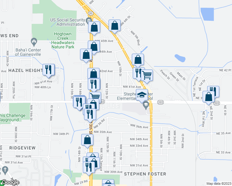 map of restaurants, bars, coffee shops, grocery stores, and more near 1030 Northwest 40 Avenue in Gainesville