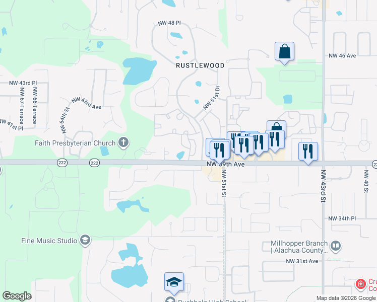 map of restaurants, bars, coffee shops, grocery stores, and more near 5510 Northwest 39th Avenue in Gainesville