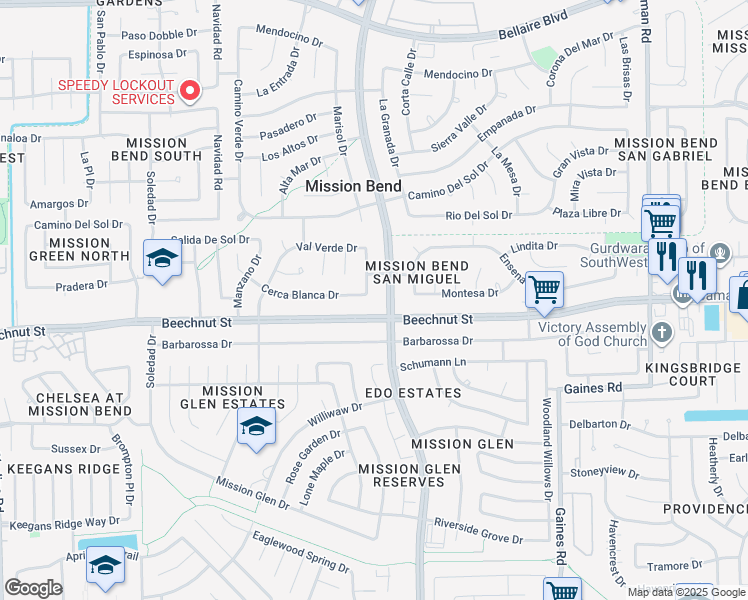 map of restaurants, bars, coffee shops, grocery stores, and more near 8019 Marisol Drive in Houston