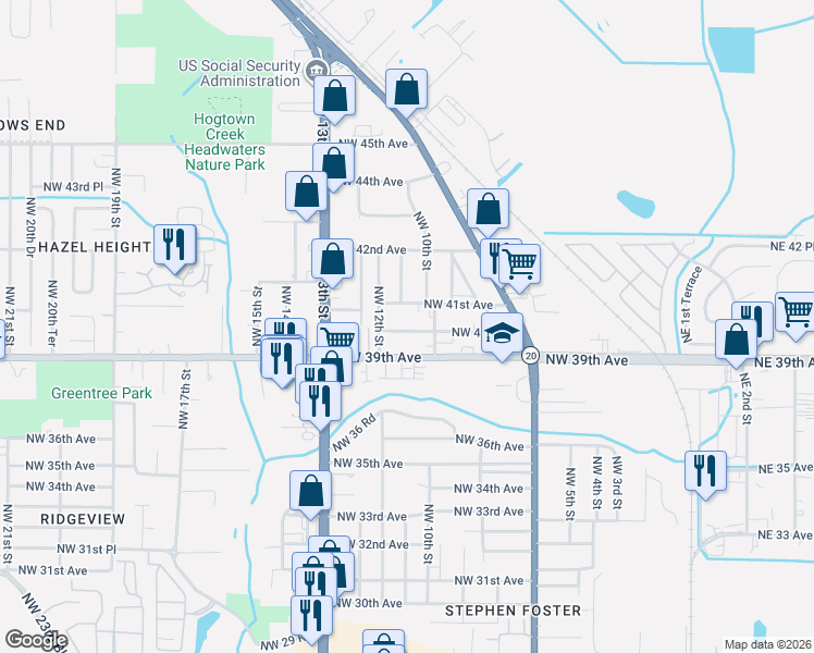 map of restaurants, bars, coffee shops, grocery stores, and more near 1124 Northwest 40 Avenue in Gainesville