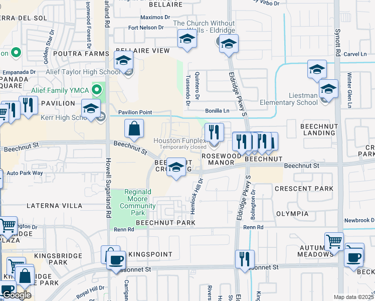 map of restaurants, bars, coffee shops, grocery stores, and more near 13731 Canyon Hollow Loop in Houston