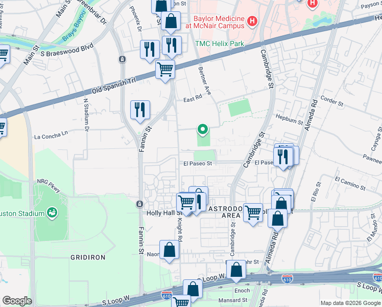 map of restaurants, bars, coffee shops, grocery stores, and more near 1791 El Paseo Street in Houston