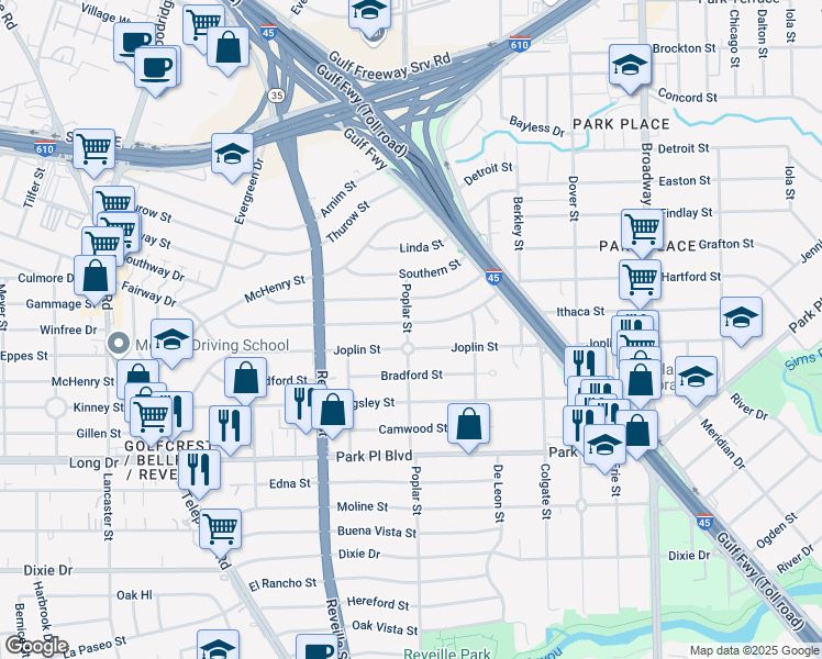 map of restaurants, bars, coffee shops, grocery stores, and more near 7674 Greenstone Street in Houston