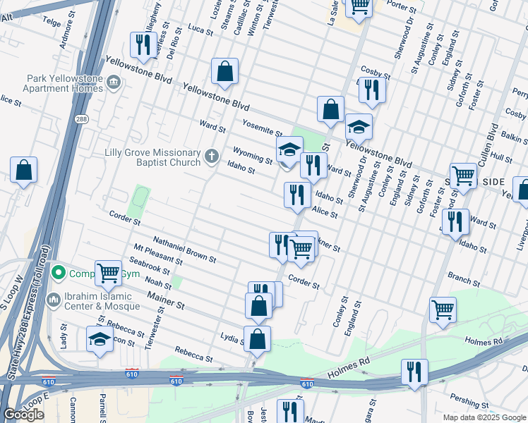 map of restaurants, bars, coffee shops, grocery stores, and more near 7006 Scott Street in Houston