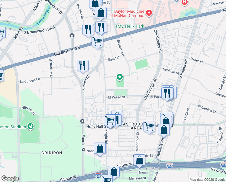 map of restaurants, bars, coffee shops, grocery stores, and more near 1791 El Paseo Street in Houston