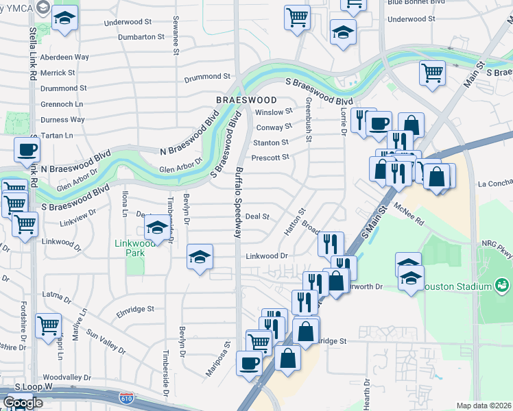 map of restaurants, bars, coffee shops, grocery stores, and more near 3027 Broadmead Drive in Houston