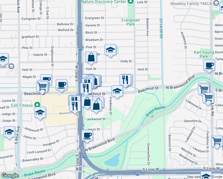 map of restaurants, bars, coffee shops, grocery stores, and more near 4590 Beechnut Street in Houston