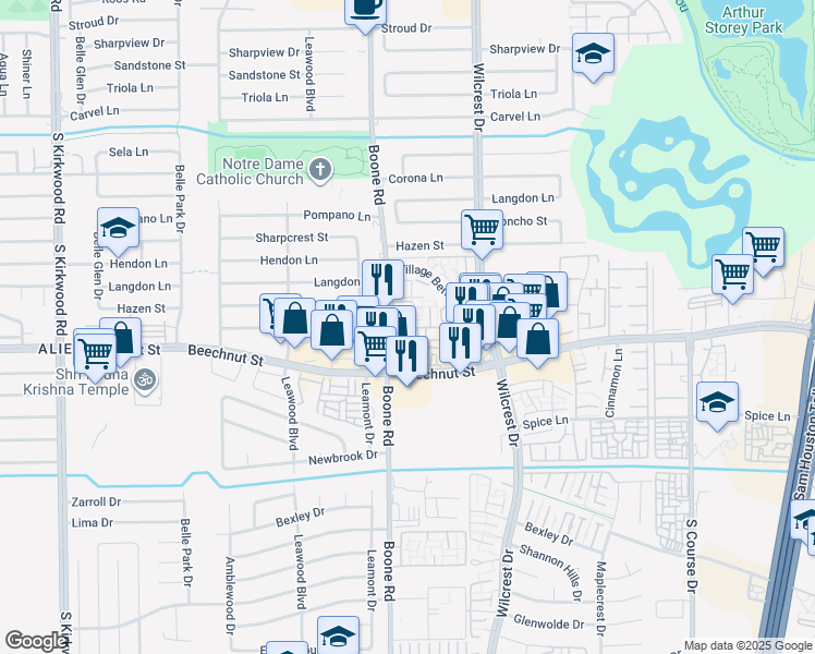 map of restaurants, bars, coffee shops, grocery stores, and more near 8201 Boone Road in Houston