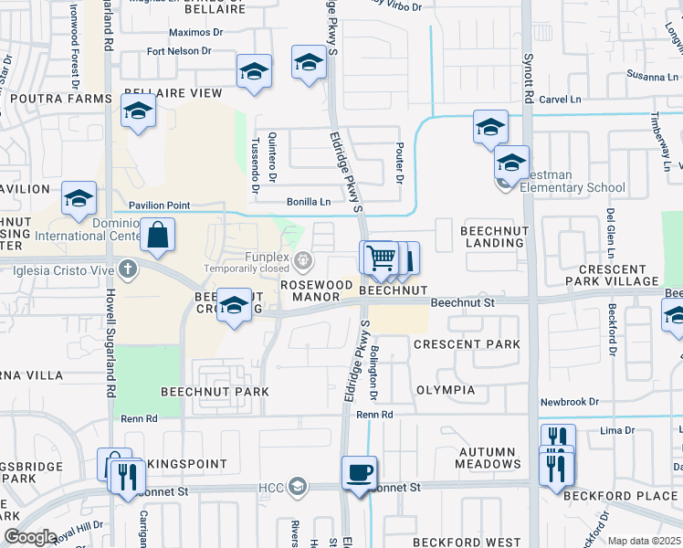 map of restaurants, bars, coffee shops, grocery stores, and more near 13600 Beechnut Street in Houston