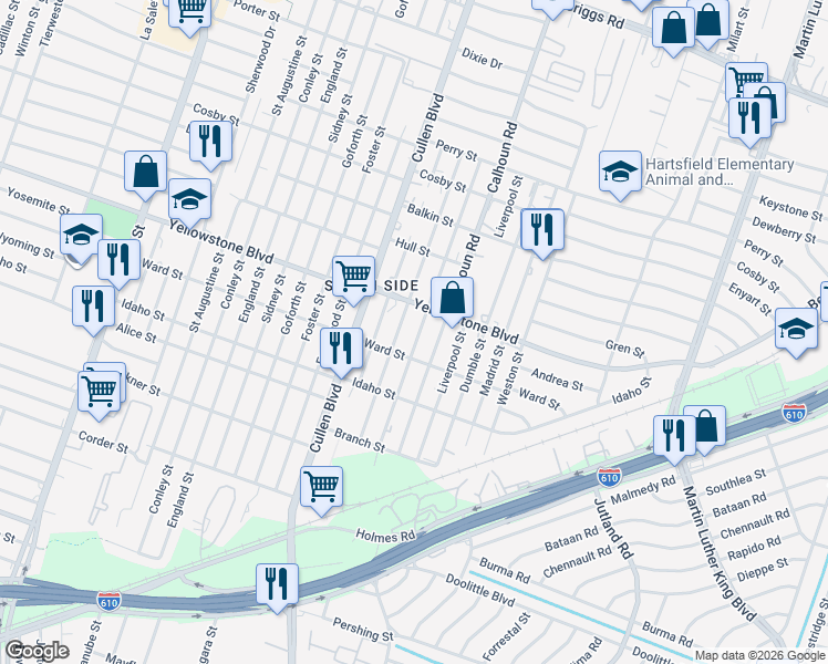 map of restaurants, bars, coffee shops, grocery stores, and more near 6722 Calhoun Road in Houston