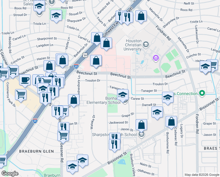 map of restaurants, bars, coffee shops, grocery stores, and more near 7627 Tanager Street in Houston