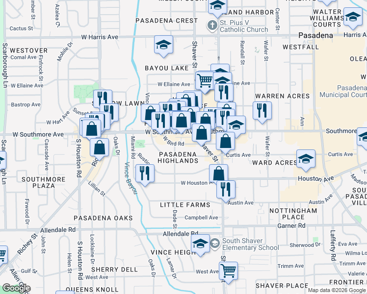 map of restaurants, bars, coffee shops, grocery stores, and more near 119 West Bird Road in Pasadena