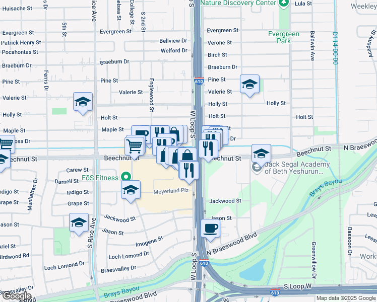 map of restaurants, bars, coffee shops, grocery stores, and more near 4702 Beechnut Street in Houston