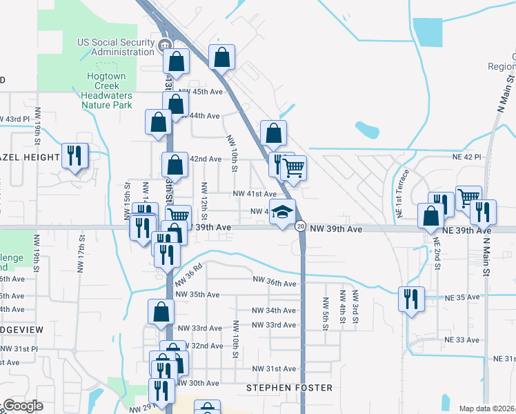 map of restaurants, bars, coffee shops, grocery stores, and more near 824 Northwest 40 Avenue in Gainesville