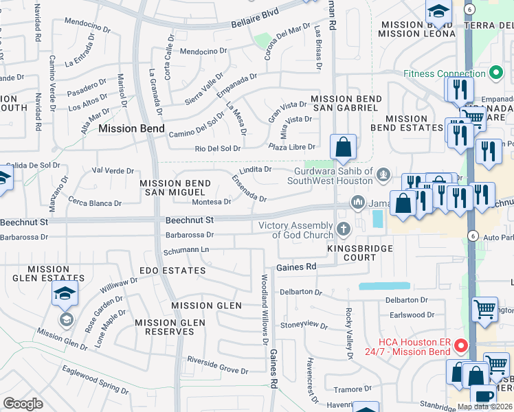 map of restaurants, bars, coffee shops, grocery stores, and more near 15318 Beechnut Street in Houston