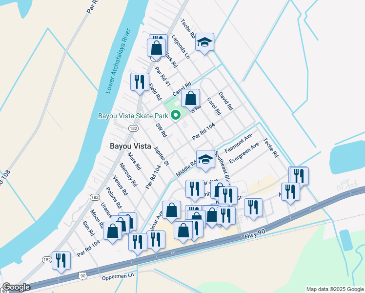 map of restaurants, bars, coffee shops, grocery stores, and more near 1212 Par Road 104 in Morgan City