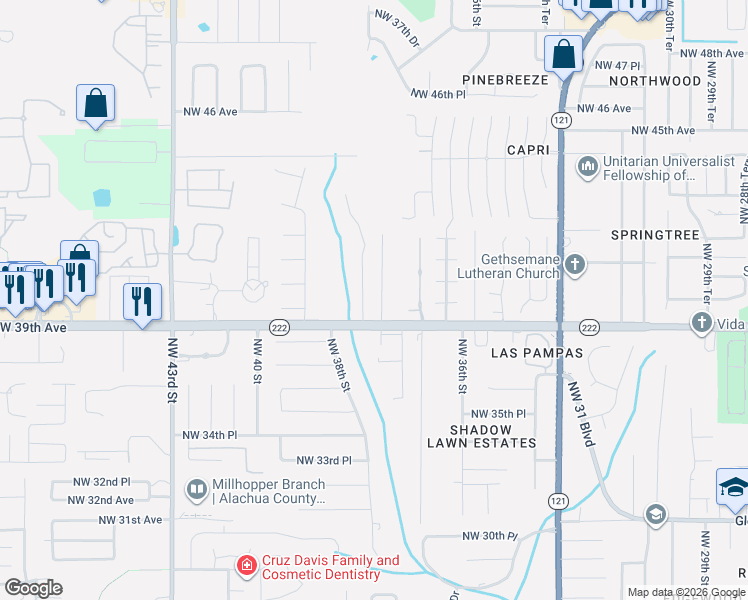 map of restaurants, bars, coffee shops, grocery stores, and more near 3750 Northwest 39th Avenue in Gainesville