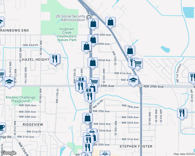 map of restaurants, bars, coffee shops, grocery stores, and more near 4010 Northwest 12th Terrace in Gainesville