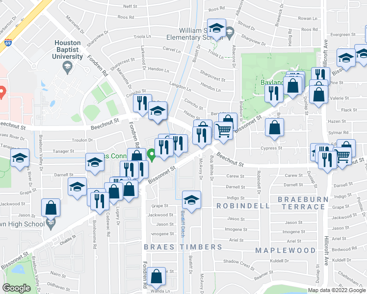 map of restaurants, bars, coffee shops, grocery stores, and more near 6900 Bissonnet Street in Houston