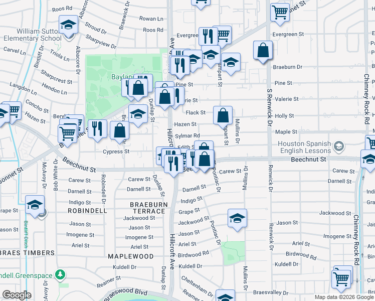 map of restaurants, bars, coffee shops, grocery stores, and more near 5655 Edith Street in Houston