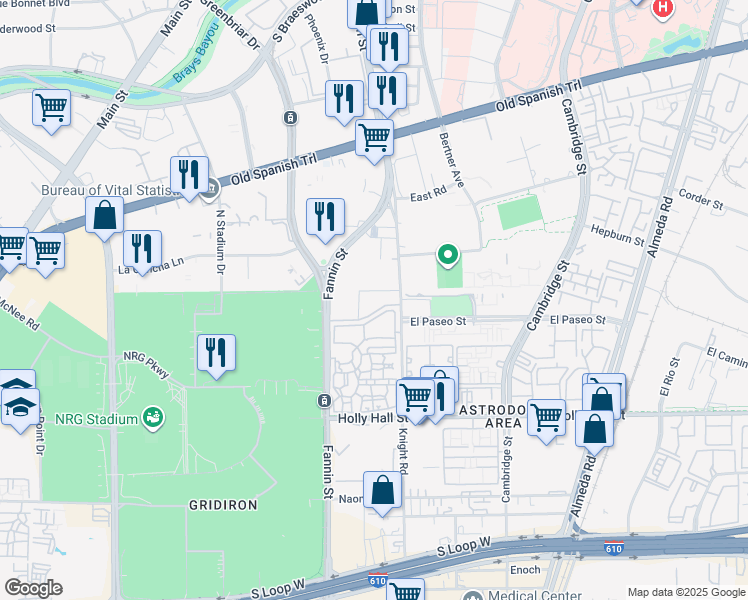 map of restaurants, bars, coffee shops, grocery stores, and more near 7707 Fannin St in Houston