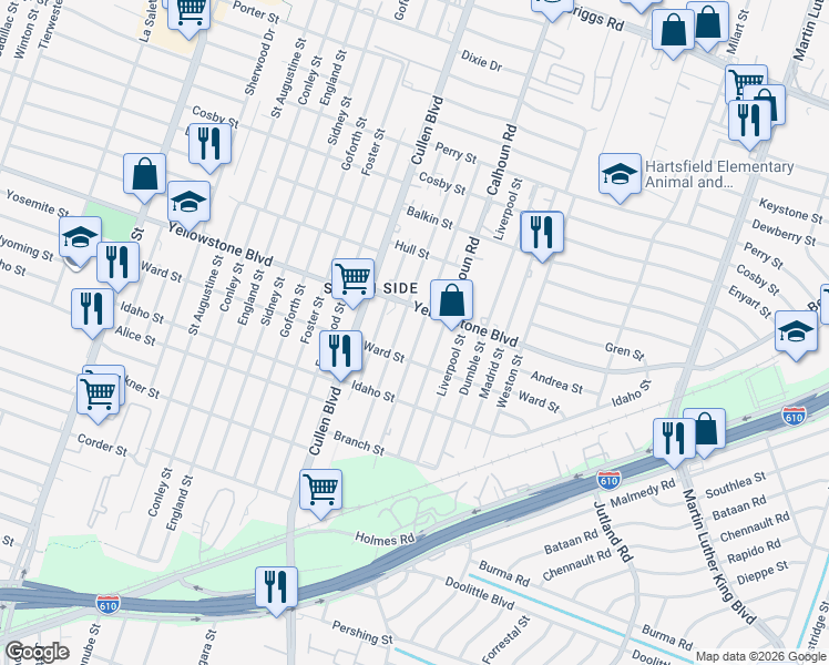 map of restaurants, bars, coffee shops, grocery stores, and more near 6722 Calhoun Road in Houston