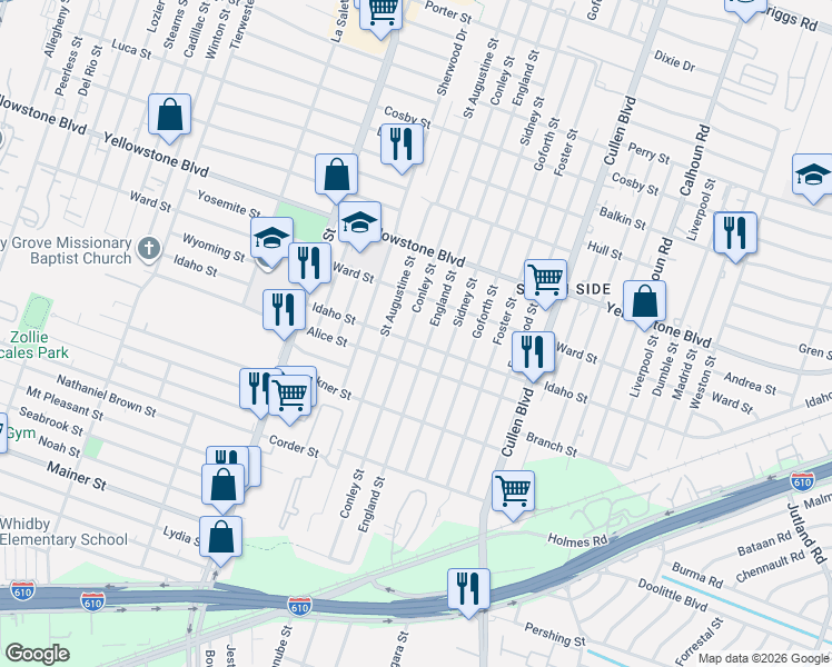 map of restaurants, bars, coffee shops, grocery stores, and more near 6636 England Street in Houston