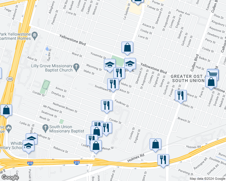 map of restaurants, bars, coffee shops, grocery stores, and more near 3830 Southlawn Street in Houston