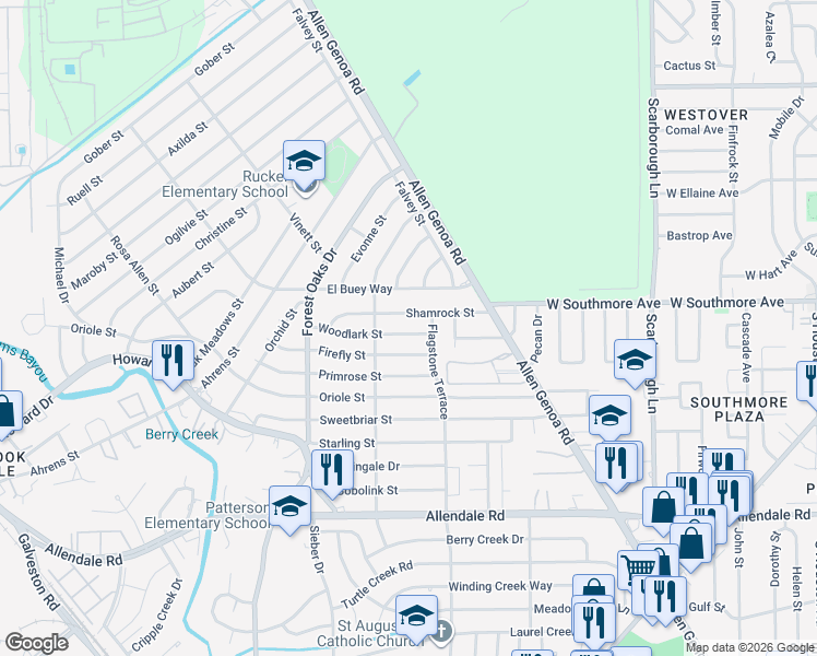map of restaurants, bars, coffee shops, grocery stores, and more near 5519 Woodlark Street in Houston