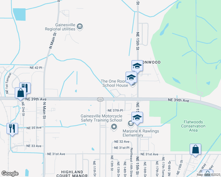 map of restaurants, bars, coffee shops, grocery stores, and more near 1300 Northeast 39th Avenue in Gainesville