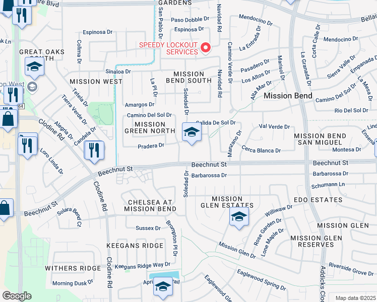 map of restaurants, bars, coffee shops, grocery stores, and more near 16200 Beechnut Street in Houston