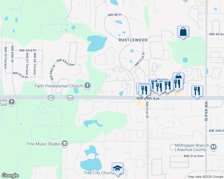 map of restaurants, bars, coffee shops, grocery stores, and more near 5510 Northwest 39th Avenue in Gainesville